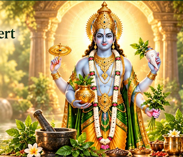 Lord Dhanvantari, revered in Ayurveda, in a serene golden temple setting