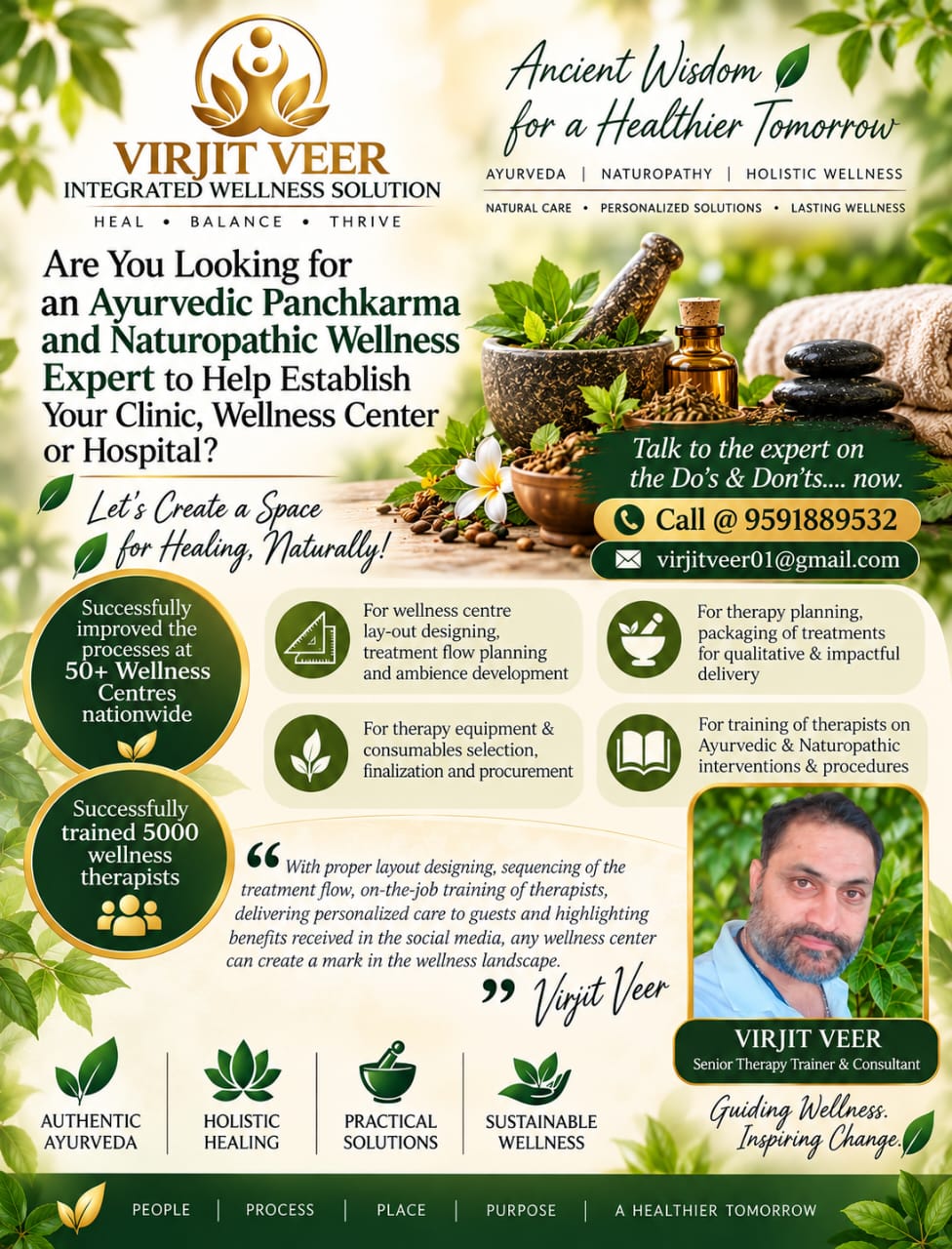 Virjit Veer Integrated Wellness Solution profile flyer featuring Ayurvedic Panchkarma and naturopathy consultancy, wellness centre planning, therapist training, and contact information